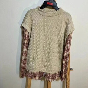Maurices sweater with look of shirt underneath, plaid/tan size small